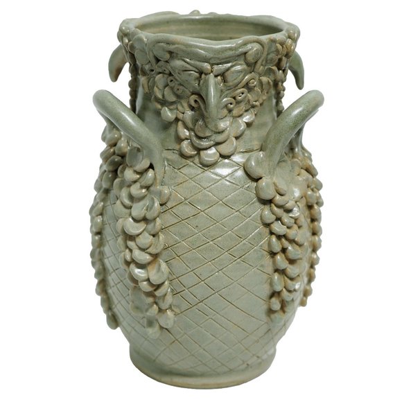 William Hunt Celadon Green Masquerade Bird Mask Stoneware Vase - Picture 1 of 9